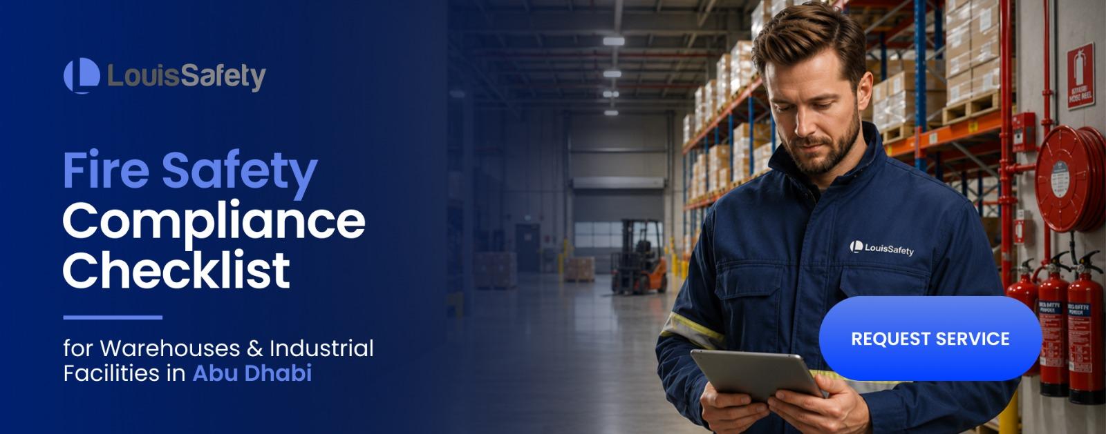 Warehouse fire safety compliance in Abu Dhabi — a Louis Safety engineer inspecting fire extinguishers and a hose reel beside high-rack storage